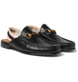 Webbing Trimmed Leather Backless Loafers