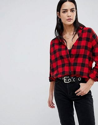Asos Design Boyfriend Shirt In Red And Black Check