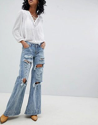 One Teaspoon Festival Johnnies Low Waist Wide Leg Jean With Rips