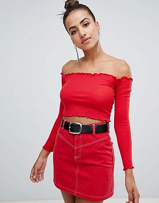 Prettylittlething Frill Edge Bardot Crop Top