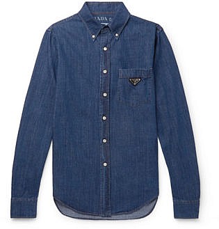Slim Fit Button Down Collar Logo Appliquéd Denim Shirt