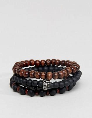 Asos Design Beaded Bracelet Pack In Black And Brown With Skull