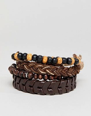 Asos Design Brown Leather And Beaded Bracelet Pack