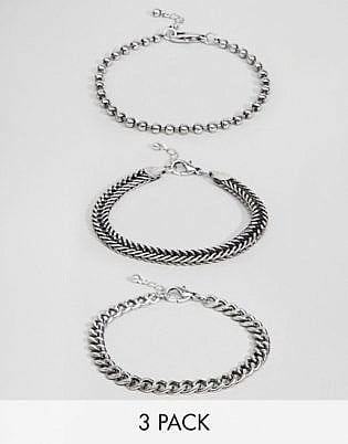 Asos Design Mixed Chain Bracelet Pack In Burnished Silver