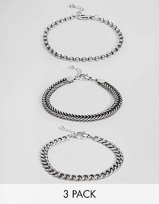 Asos Design Mixed Chain Bracelet Pack In Burnished Silver
