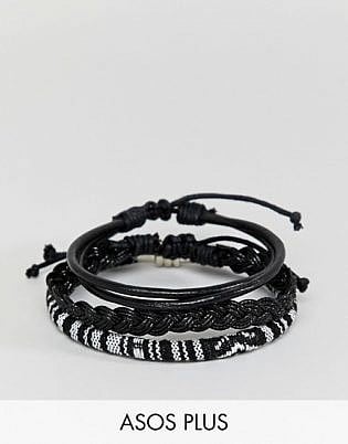 Asos Design Plus Leather And Woven Bracelet Pack In Monochrome
