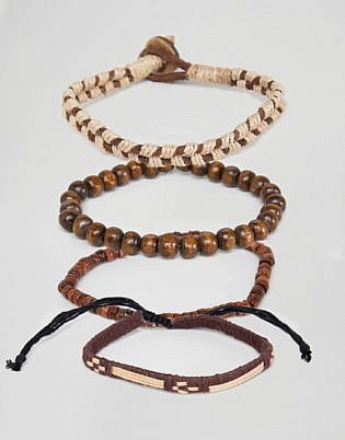 Asos Design Bracelet Pack With Beads And Rope In Brown