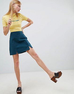 Asos Design Denim Split Front Mini Skirt In Emerald Green
