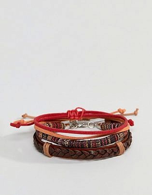 Asos Design Leather And Woven Bracelet Pack In Brown And Red