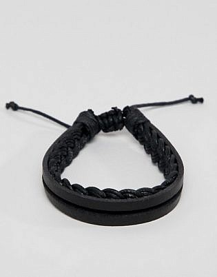 Asos Design Leather Plaited Bracelet In Black