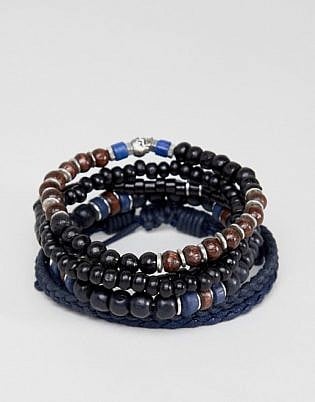 Asos Design Navy Bracelet Pack With Beads And Skull In Brown And Black