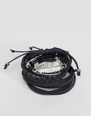 ASOS LEATHER AND PLAITED BRACELET PACK WITH FEATHER