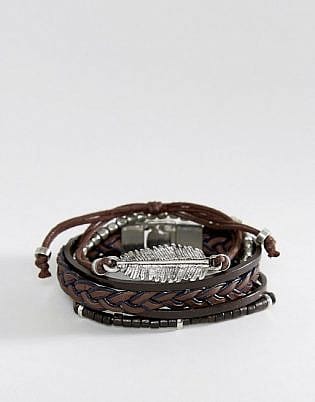 ASOS LEATHER AND PLAITED BRACELET PACK WITH FEATHER IN BROWN