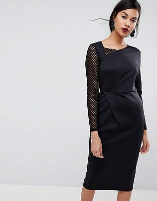 ASOS Midi Pencil Dress with Mesh Sleeve and Tuck Detail