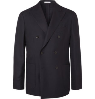 Black Unstructured Double Breasted Virgin Wool Hopsack Blazer
