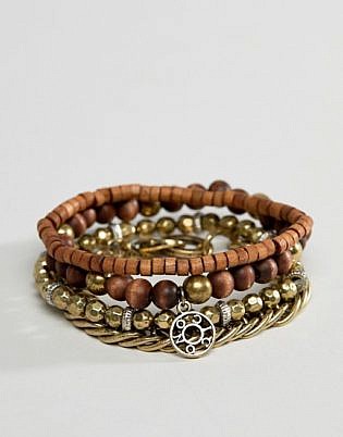 Icon Brand Brown Beaded & Chain Bracelets In 4 Pack