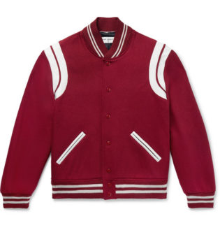 Leather Trimmed Virgin Wool Blend Bomber Jacket