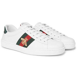 Ace Watersnake Trimmed Embroidered Leather Sneakers
