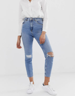 Asos Design Farleigh High Waisted Slim Mom Jeans In Light Vintage Wash With Busted Knee And Rip & Repair Detail