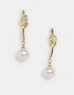 Asos Design Earrings With Knot Bar And Pearl Drop In Gold Tone