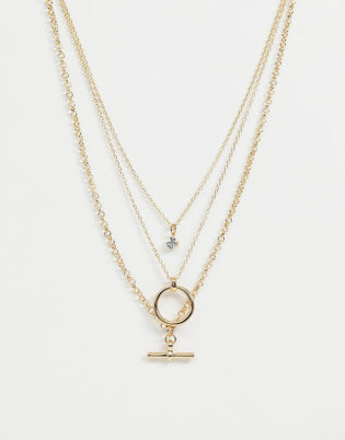 Asos Design Multirow Necklace With Minimal Open Circle And Toggle Pendants In Gold