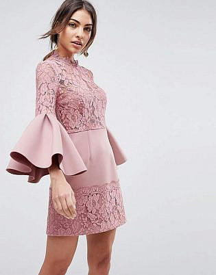 Asos Lace Fluted Sleeve Scuba Skater Mini Dress