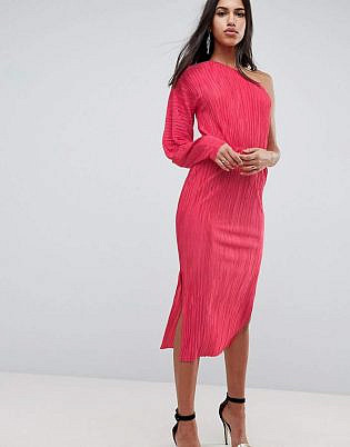 Asos One Shoulder Midi Dress With Balloon Sleeve In Plisse