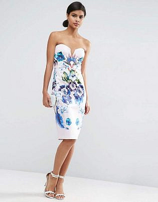 Asos Placed Blue Floral Cup Bandeau Midi Pencil Dress