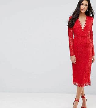Asos Tall Long Sleeve Lace Midi Pencil Dress