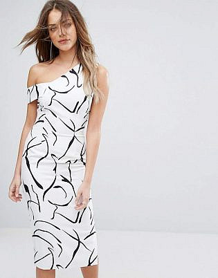 Lavish Alice Monochrome Abstract Print Asymmetric Midi Dress