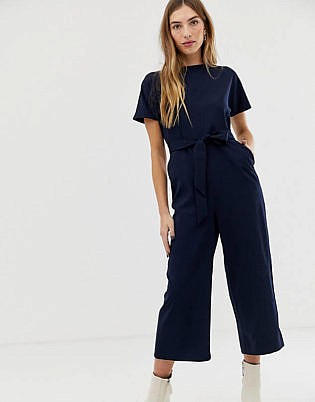 Warehouse Cropped Jumpsuit With Belt In Navy
