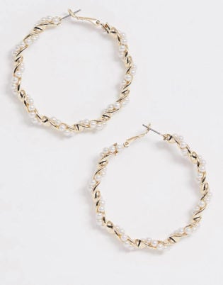 Asos Design Hoop Earrings In Twist Design With Pearls In Gold Tone