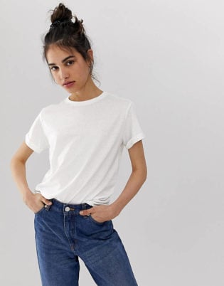 Asos Design T Shirt With Roll Sleeve In Linen Mix In White