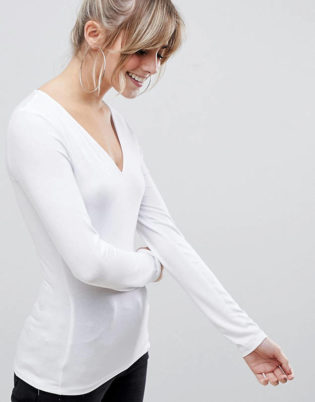 Asos Design Ultimate Top With Long Sleeve And V Neck In White