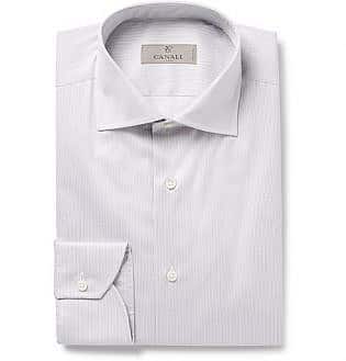 Grey Cutaway-Collar Striped Cotton Shirt