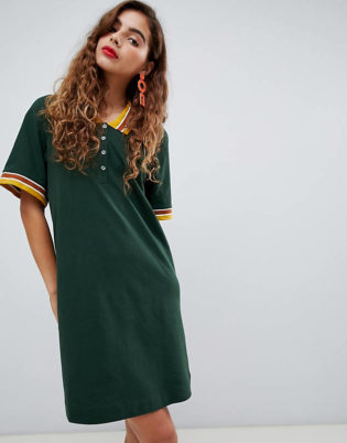Monki Turtleneck A Line Dress With Contrast Collar In Green