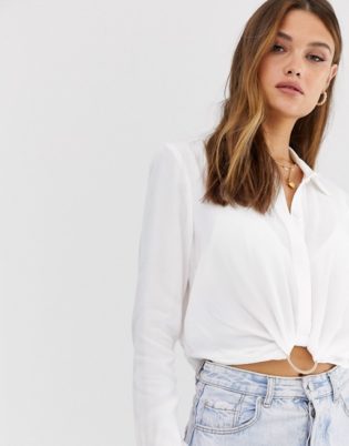 River Island Cropped Shirt With Ring Detail In White