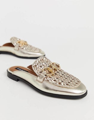 River Island Woven Mules With Metal Trim In Gold