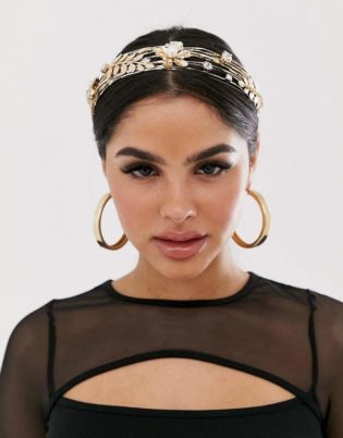 Asos Design Asos Design Crown Headband With Pearl Crystal And Leaf Embellishment In Gold