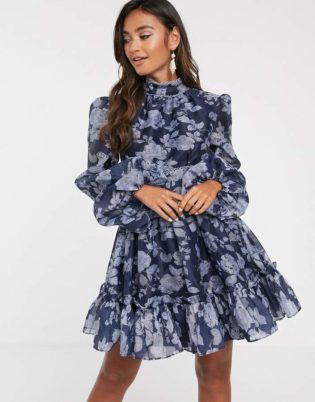 Keepsake Halo Floral Mini Dress With Volume Sleeve
