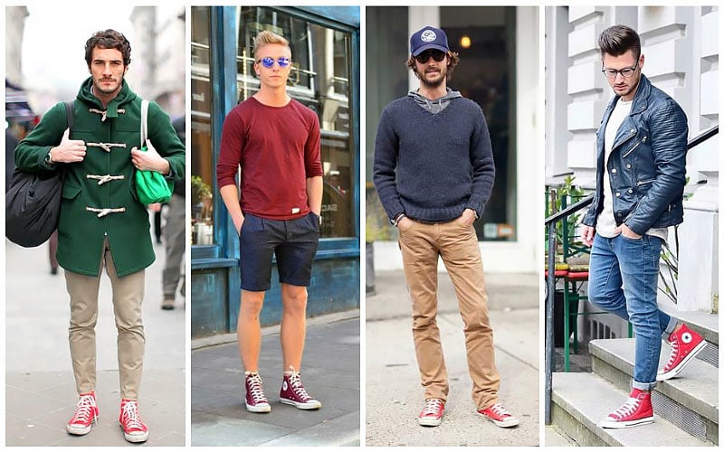 outfits with red sneakers for guys