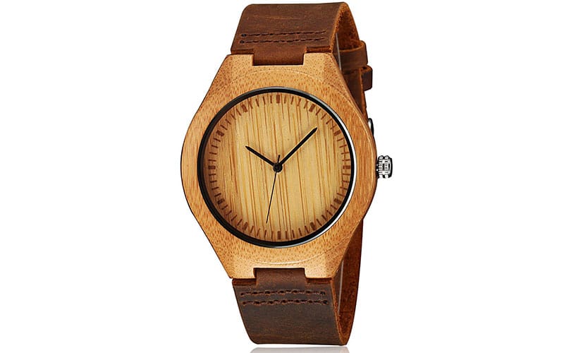 CUCOL Mens Wooden Watches Brown Cowhide Leather Strap Casual Watch
