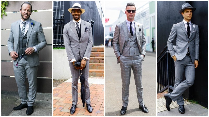 grey suit with loafers