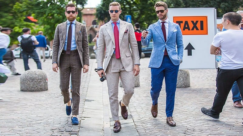 grey suit white shoes