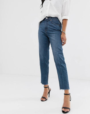 Asos Design Recycled Ritson Rigid Mom Jeans In Dark Wash Blue With Raw Hem