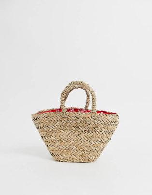 Asos Design Natural Straw Mini Basket Bag With Bandana Print Lining