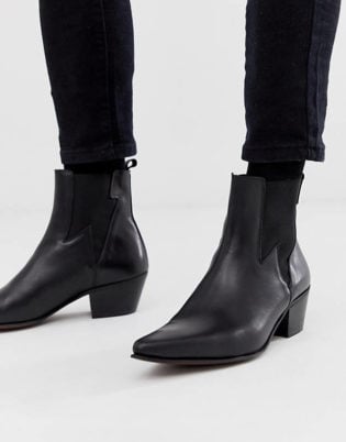 Asos Design Stacked Heel Western Chelsea Boots In Black Leather With Lightning Detail