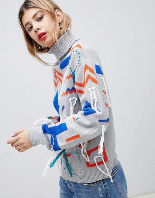 Noisy May Printed High Neck Knitted Sweater