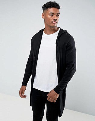Asos Design Hooded Open Front Cardigan With Curved Hem In Black