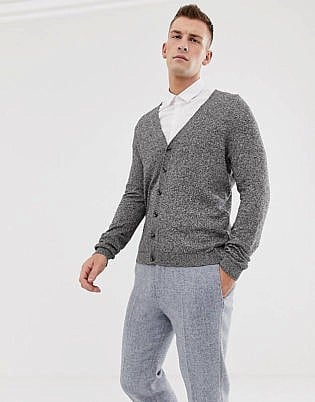 Asos Design Knitted Cotton Cardigan In Gray Twist